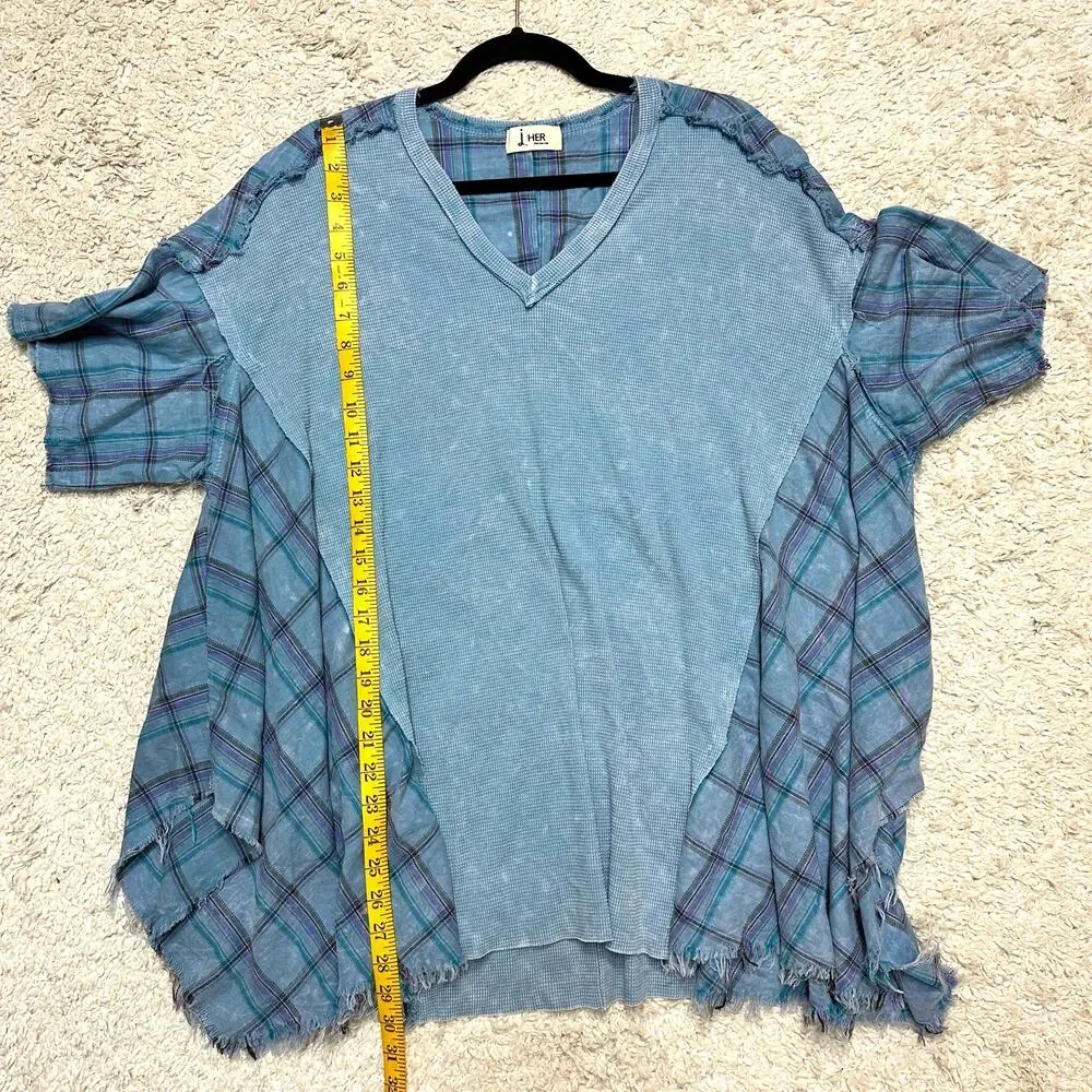 J. Her Plaid Mineral Wash Mixed Media Boho Lagenlook Top Small Oversized V-Neck - Picture 5 of 7